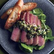 SEARED TUNA w/OLIVE TAPENADE VIN & ARUGULA