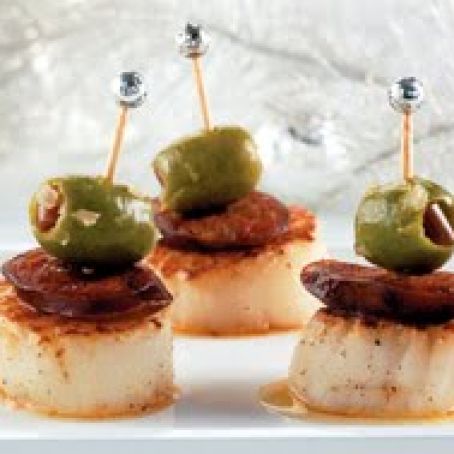 Vermouth-Marinated Scallops with Chorizo and Green Olives