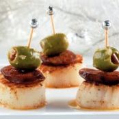 Vermouth-Marinated Scallops with Chorizo and Green Olives