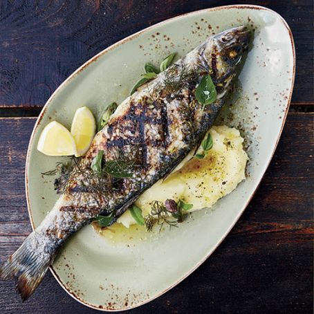 Grilled Branzino with Skordalia and Ladolemono