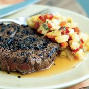 Sesame-Crusted Beef Tenderloin Steaks with Pineapple, Mango, and Red Pepper Relish