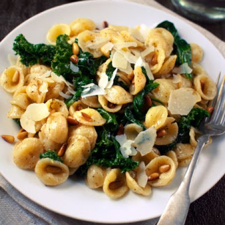 Orecchiette with Wilted Spinach, Kale and Toasted Pine Nuts