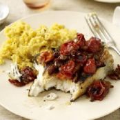 Halibut with Barbecue Tomato Sauce and Honey Mustard Polenta
