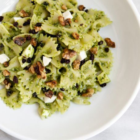 Arugula Pesto Pasta Salad With Mozzarella, Toasted Walnuts And Black Currants