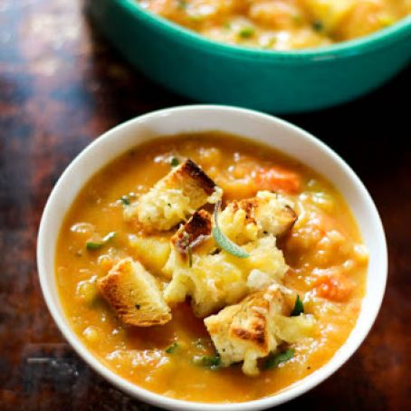 Chunky Root Vegetable Soup with Gruyère + Herb Croutons