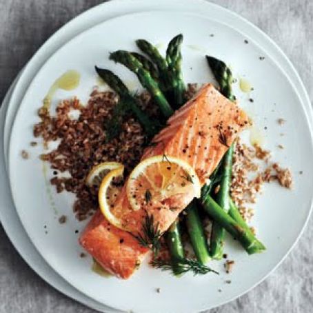 Lemony Baked Salmon with Asparagus and Bulgur