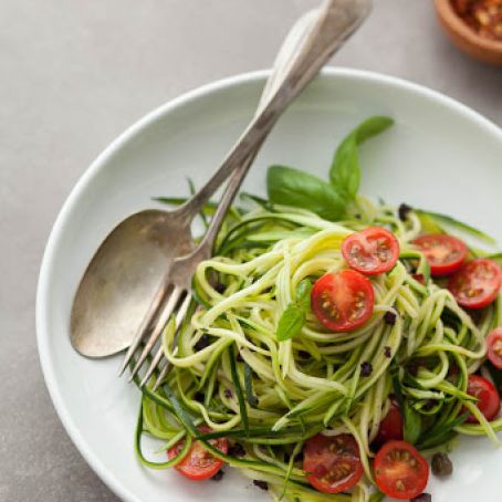 Zucchini Noodles with Caper Olive Sauce and Fresh Tomatoes
