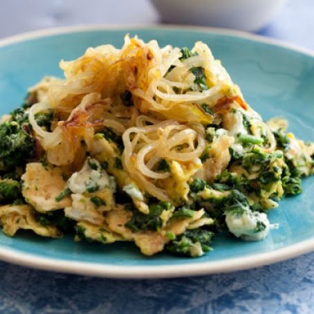 Matzo Brei with Creamed Spinach and Crispy Onions