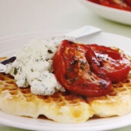 Cheese and Onion Waffles with Herbed Ricotta and Roasted Tomato