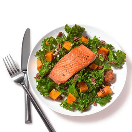 Winter Kale Salad with Salmon, Squash, and Pecans