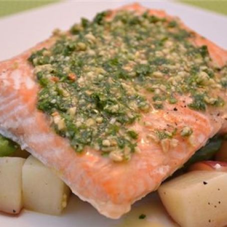 Baked Salmon with New Potatoes and Pine Nut Pesto