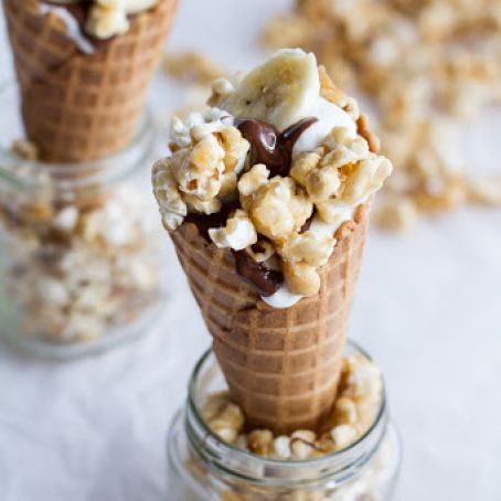 Banoffee + Nutella Greek Yogurt Waffle Cone Parfaits with Cashew Caramel Popcorn.