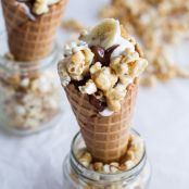 Banoffee + Nutella Greek Yogurt Waffle Cone Parfaits with Cashew Caramel Popcorn.