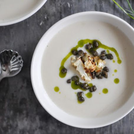 Creamy Cauliflower Soup with Crispy Capers and Chive Oil