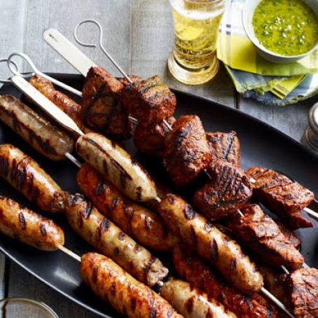 Beef and Sausage Kebabs With Salsa and Chimichurri