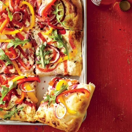 Sheet Pan White Pizza with Salami and Peppers Recipe | MyRecipes.com