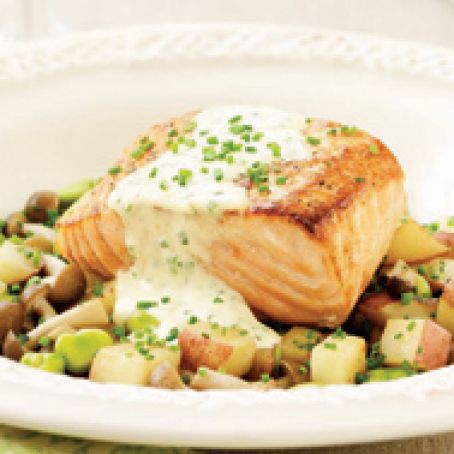 Crisp-Skinned Maple Salmon with Fava Bean, Red Potato and Mushroom Compote