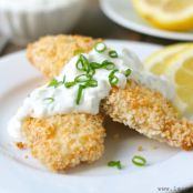 Crunchy Baked Fish Sticks with Cucumber Dill Sauce