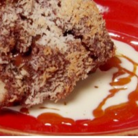 Chocolate-Coconut Bread Pudding with Passion Fruit Sauce