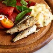 Sardines with Skordalia, Roasted Red Peppers, and Goat Cheese