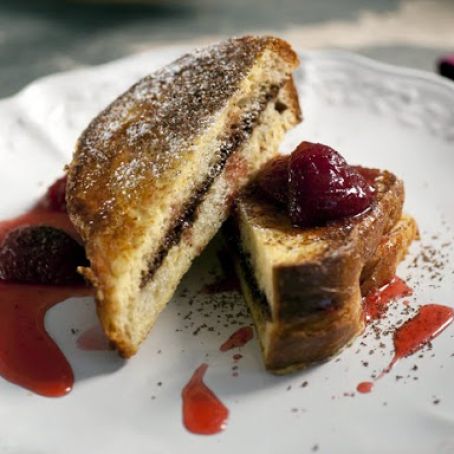 Chocolate Mascarpone Stuffed French Toast with Strawberry Syrup