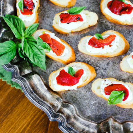 Goat Cheese, Red Pepper, and Basil Crostini