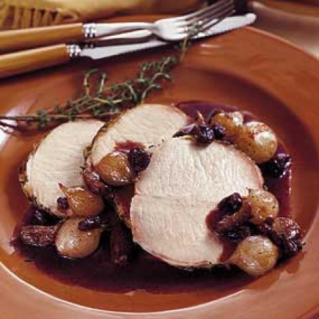 Brined Pork Loin with Onion, Raisin, and Garlic Compote