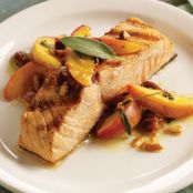Grilled wild salmon with sliced peaches, cracked sage and smoky almond brown butter