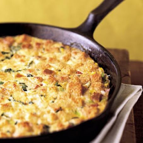 Skillet Cornbread Pudding with Ham and Pepper Jack