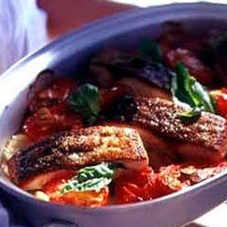 Salmon with Olives, Potatoes and Tomatoes