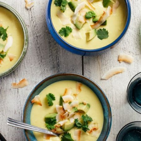 Chilled Coconut Corn Soup w/Avocado