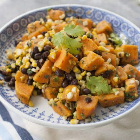 SWEET POTATO, GRILLED CORN & BLACK BEAN SALAD WITH SPICY CILANTRO DRESSING