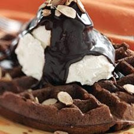 Fudge Waffles with Ice Cream and Chocolate Sauce