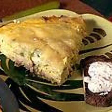 Monte Cristo Frittata, Grilled Pineapple Spears with Crystallized Ginger and Pumpernickel Bread with