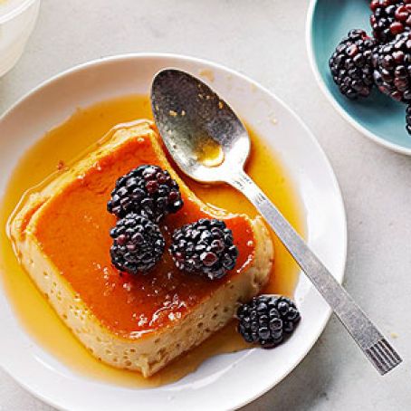 Salted Caramel Flan with Blackberries