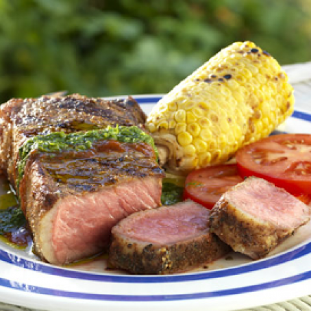 CHILI STRIP STEAKS WITH CHIMICHURRI AND CHIPOTLE DRIZZLE