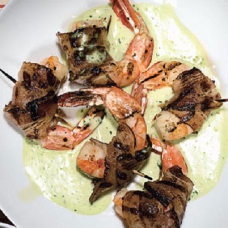 Grilled Pancetta-Wrapped Shrimp with Creamy Herb Dressing