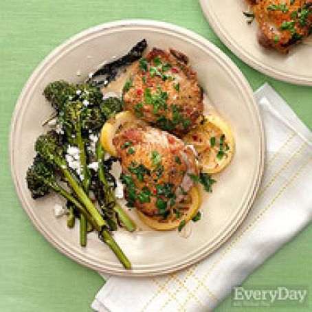 Braised Chicken Thighs & Roast Broccolini with Feta