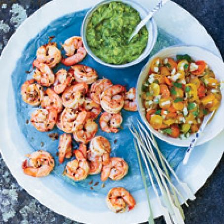 Spiced Shrimp with Tomato Salsa and Avocado Dip