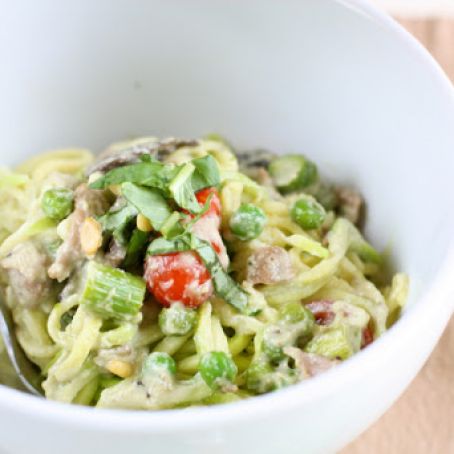 CREAMY PESTO “PASTA” WITH SPRING VEGETABLES