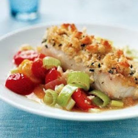 Crispy Chicken* with Tomato and Leek Saute