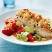 Crispy Chicken* with Tomato and Leek Saute