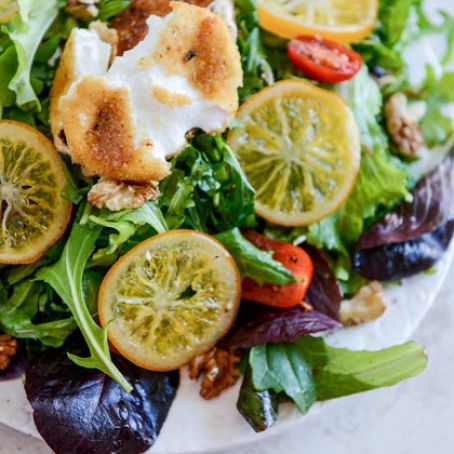 Spring Greens with Candied Meyer Lemons and Spicy Fried Goat Cheese