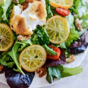 Spring Greens with Candied Meyer Lemons and Spicy Fried Goat Cheese