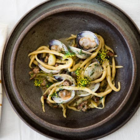 Fresh Pasta with Clams and Hot Italian Sausage