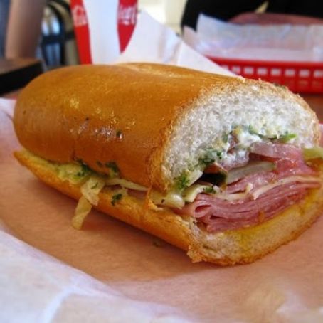 Ham and Mortadella Sandwich with Provolone and Pickled Hot Pepper Relish