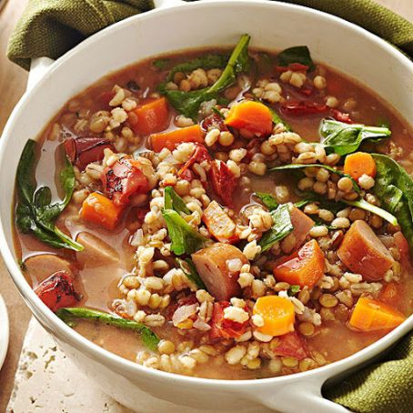Lentil-Toasted Barley Soup with Sausage