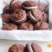 BROWNIE COOKIES WITH SALTED CARAMEL CREME FILLING