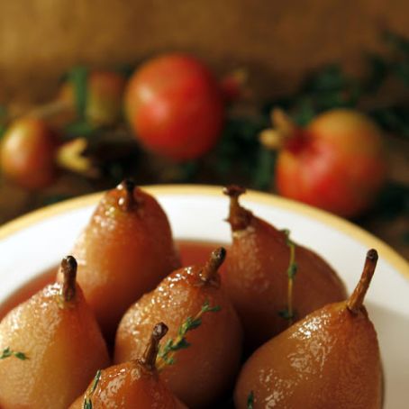 Pears in Pomegranate Wine with Honey and Lemon Thyme
