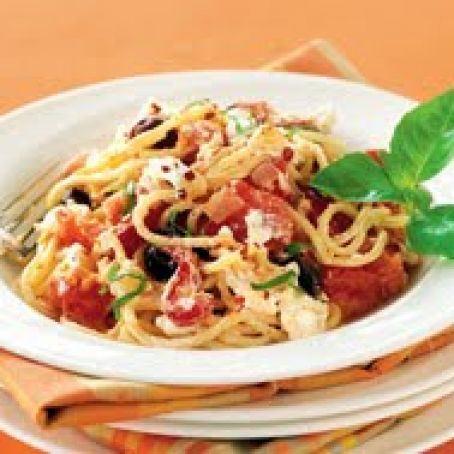 Spaghetti with Roasted Peppers, Plum Tomatoes, Goat Cheese and Fresh Basil